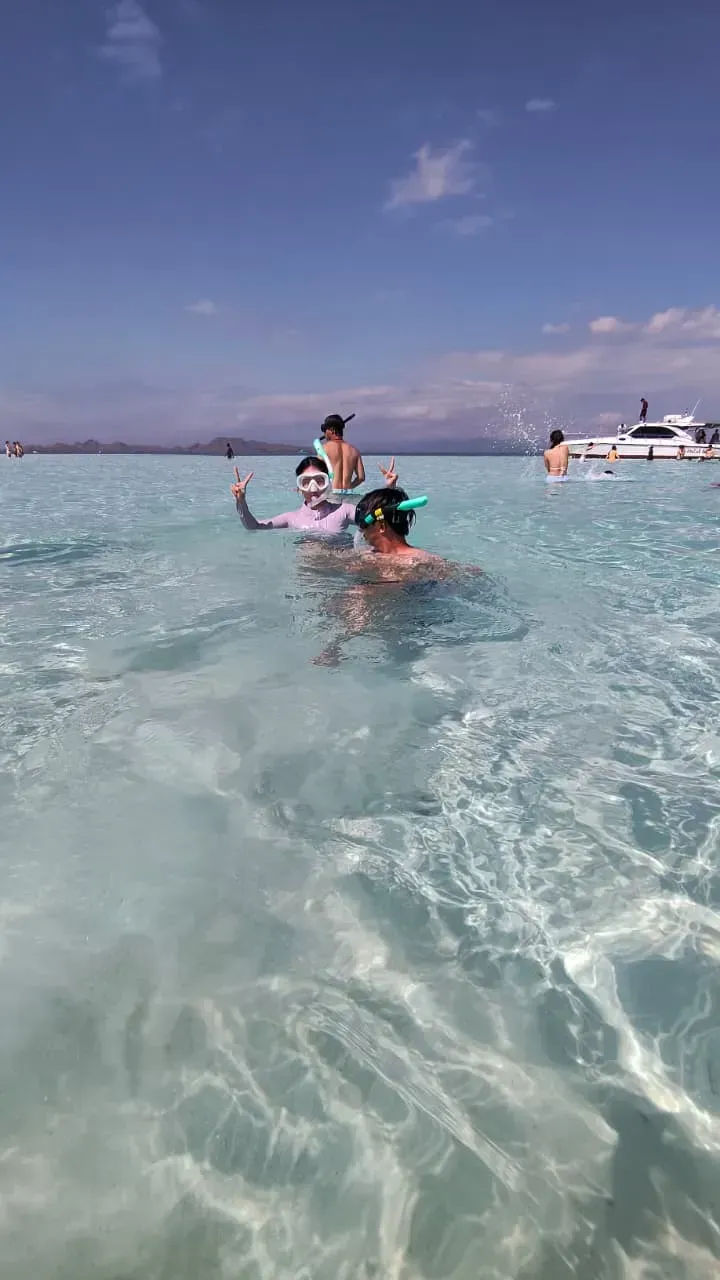 Guests snorkeling and diving near a Komodo tour boat